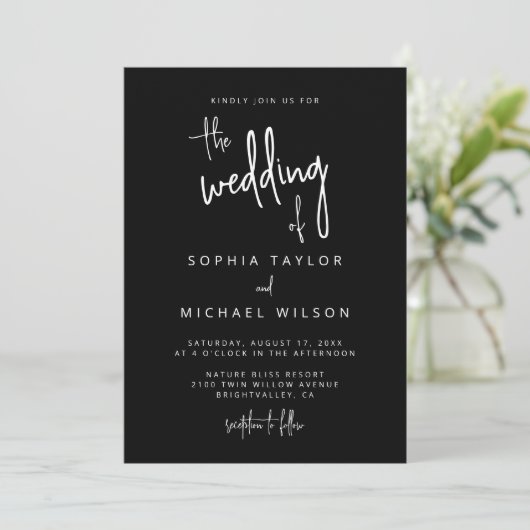 Modern Hand Lettering Script Zwart Wit Bruiloft Kaart (Staand voorkant)