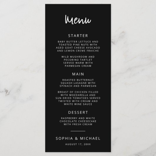 Modern Hand Lettering Script Zwart Wit Bruiloft Menu (Voorkant)