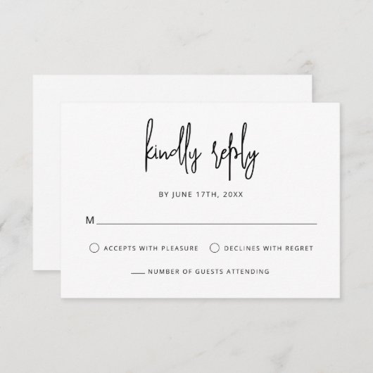 Modern Hand Lettering Script Zwart Wit Bruiloft RSVP Kaartje (Voorkant / Achterkant)
