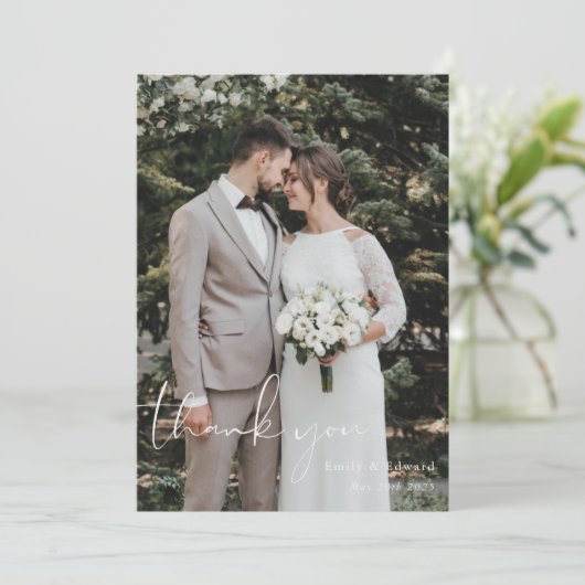 Modern Hand Script Photo Wedding Bedankkaart (Staand voorkant)
