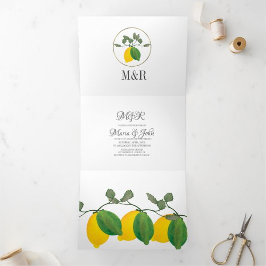 Modern Hand Waterverf Lemon Greenery Wedding Drieluik Uitnodiging (Binnen)