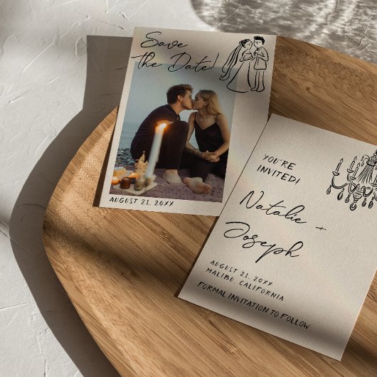 Modern Hand Written Drawn Couple Wedding Fun Photo Save The Date