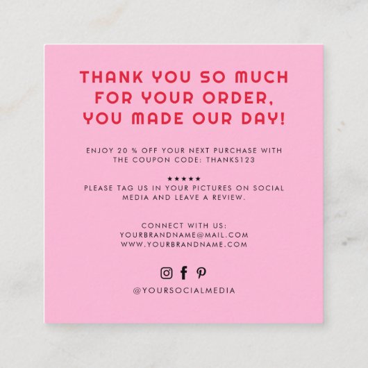 Modern handgemaakt met liefde dank u vierkante visitekaartje (Achterkant)