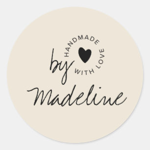 Modern Handgemaakt met Liefde Script Hart Ecru Ronde Sticker
