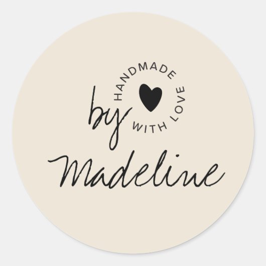 Modern Handgemaakt met Liefde Script Hart Ecru Ronde Sticker (Voorkant)