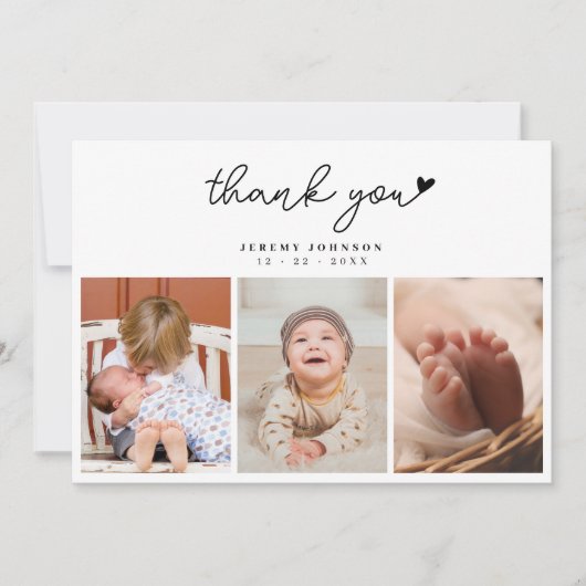 Modern handgeschreven 3 foto Baby shower dank u Bedankkaart (Voorkant)