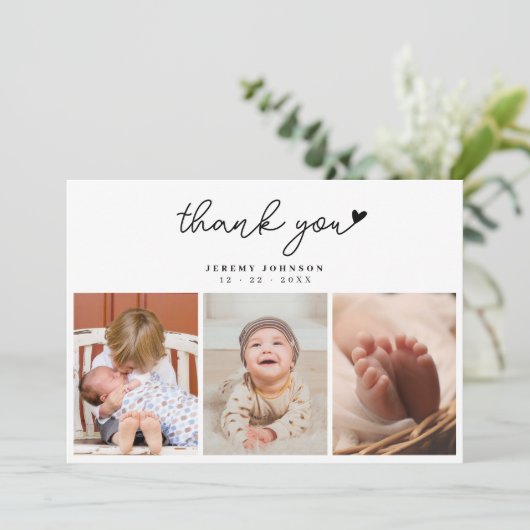 Modern handgeschreven 3 foto Baby shower dank u Bedankkaart (Staand voorkant)
