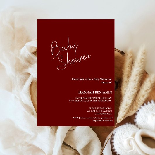 Modern handgeschreven bordeaux baby shower kaart