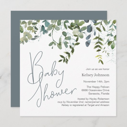 Modern handgeschreven eucalyptus groen Baby shower Kaart (Voorkant / Achterkant)