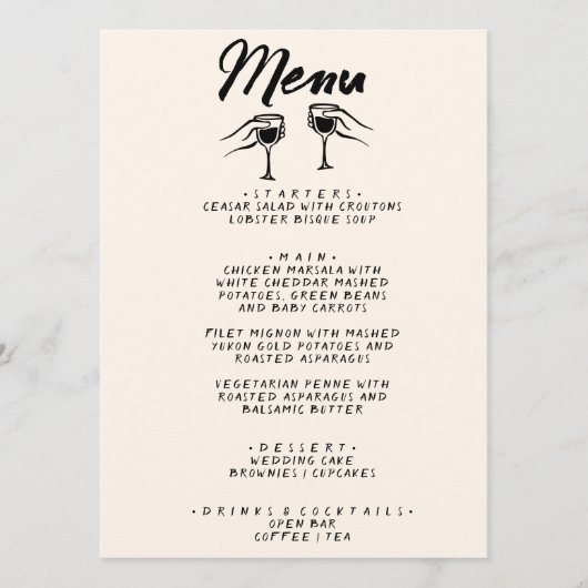 Modern handgeschreven getekend eigenzinnige bruil menu (Voorkant)