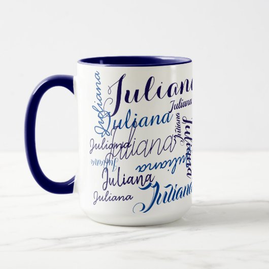 modern handgeschreven naampatroon op blauw mok (Links)