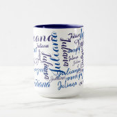 modern handgeschreven naampatroon op blauw mok (Midden)