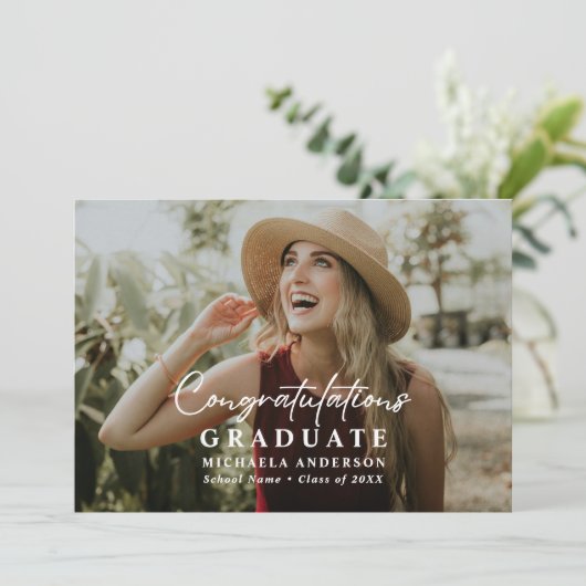 Modern handgeschreven script 2-foto Afstuderen Aankondiging (Staand voorkant)