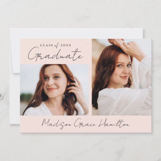 Modern Handgeschreven Script Blush 3 Foto Afstuder Aankondiging (Voorkant)