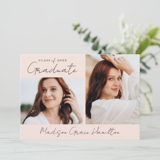 Modern Handgeschreven Script Blush 3 Foto Afstuder Aankondiging (Staand voorkant)