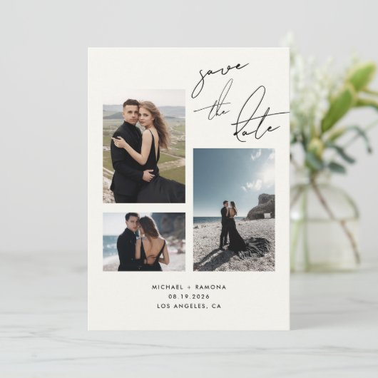 Modern handgeschreven script drie foto bruiloft save the date (Staand voorkant)