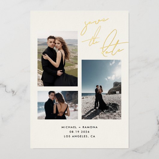 Modern handgeschreven script drie foto opslaan dat folie uitnodiging (Voorkant)