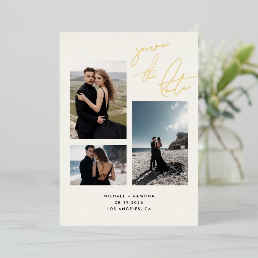 Modern handgeschreven script drie foto opslaan dat folie uitnodiging (Staand Voorkant)