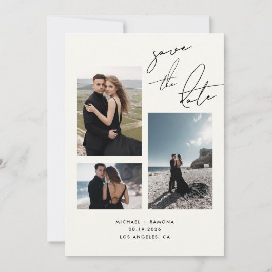 Modern handgeschreven script drie foto QR code Save The Date (Voorkant)