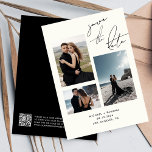 Modern handgeschreven script drie foto QR code Save The Date<br><div class="desc">Modern Handgeschreven Script Drie Fotobruiloft Sla de Date Invitation Sjabloon op met aangepaste QR-code op de achterkant - alle kleuren kunnen worden gewijzigd in het ontwerpgereedschap als je wilt.</div>