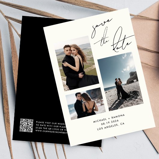 Modern handgeschreven script drie foto QR code Save The Date