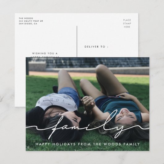 Modern handgeschreven script familie foto vakantie briefkaart (Voorkant / Achterkant)