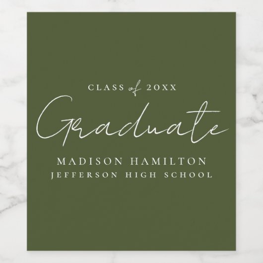 Modern handgeschreven script groen Afstuderen Wijn Etiket (Enkel label)