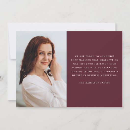 Modern Handgeschreven Script Maroon Photo Afstuder Aankondiging (Achterkant)