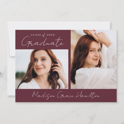 Modern Handgeschreven Script Maroon Photo Afstuder Kaart (Voorkant)