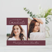 Modern Handgeschreven Script Maroon Photo Afstuder Kaart (Staand voorkant)