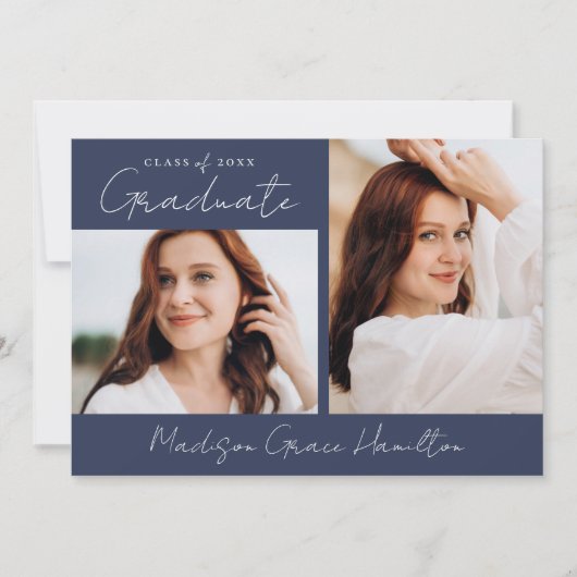 Modern Handgeschreven Script Navy 3 Foto Afstudere Aankondiging (Voorkant)