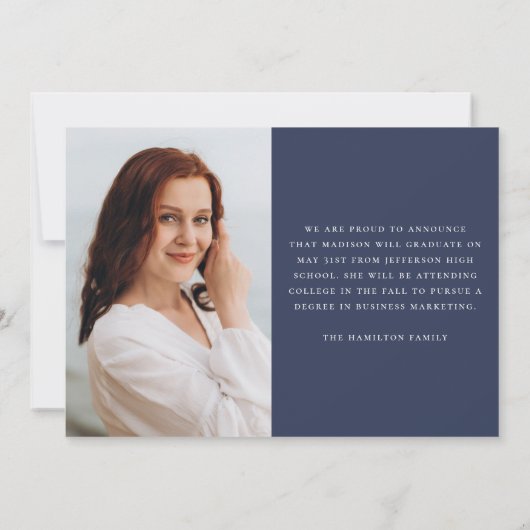 Modern Handgeschreven Script Navy 3 Foto Afstudere Aankondiging (Achterkant)