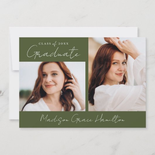 Modern handgeschreven script Olive 3 foto Afstuder Aankondiging (Voorkant)