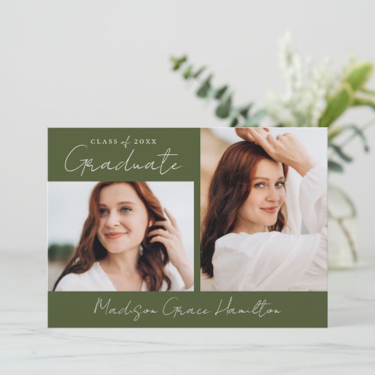 Modern handgeschreven script Olive 3 foto Afstuder Aankondiging (Staand voorkant)