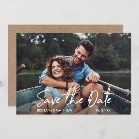 Modern handgeschreven script Photo Kraft Save The Date (Voorkant / Achterkant)