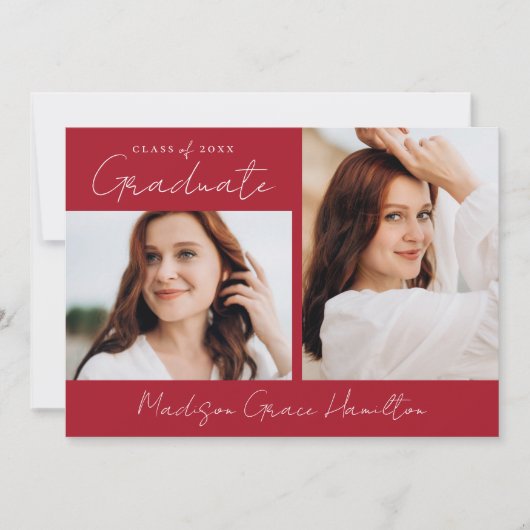 Modern Handgeschreven Script Rood 3 Foto Afstudere Aankondiging (Voorkant)