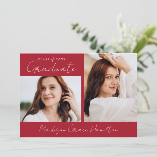 Modern Handgeschreven Script Rood 3 Foto Afstudere Aankondiging (Staand voorkant)