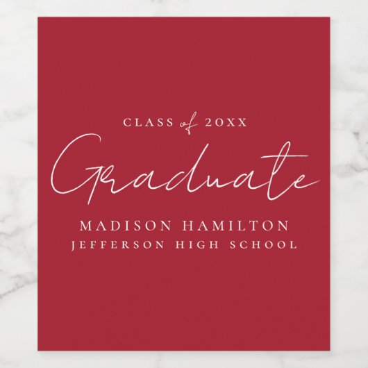 Modern handgeschreven script rood Afstuderen Wijn Etiket (Enkel label)