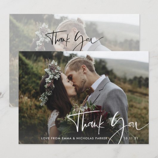 Modern handgeschreven script | Twee foto's bruilof Bedankkaart (Voorkant / Achterkant)