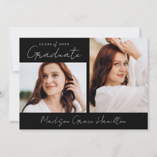 Modern handgeschreven script zwart 3 foto Afstuder Aankondiging (Voorkant)