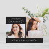 Modern handgeschreven script zwart 3 foto Afstuder Aankondiging (Staand voorkant)