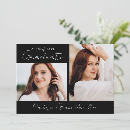 Modern handgeschreven script zwart 3 foto Afstuder Aankondiging (Staand voorkant)