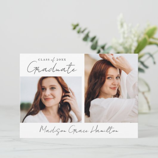 Modern handgeschreven zwart script 3 foto Afstuder Aankondiging (Staand voorkant)