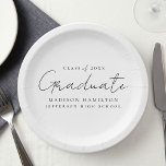 Modern handgeschreven zwart script Afstuderen Papieren Bordje<br><div class="desc">Verhoog uw afstudeerfeestdecor met onze stijlvolle afstuderen papieren borden! Met een chique handgeschreven zwarte script en witte achtergrond, deze papieren borden voegen een vleugje verfijning toe aan uw feest. Personaliseer ze met de naam van de afgestudeerde, het jaar van het afstuderen en de naam van de school. Of je nu...</div>