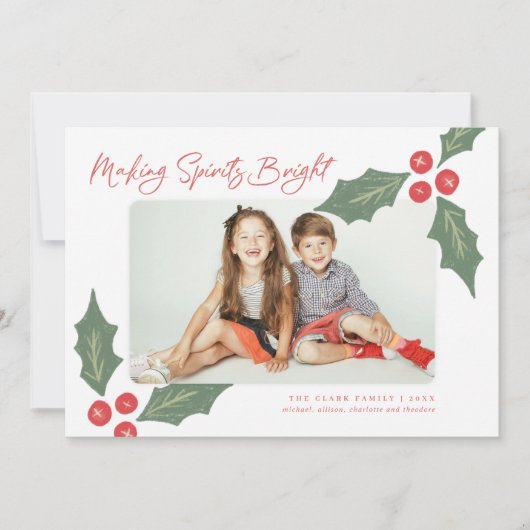 Modern Handgetekend Holly Berries Foto Lijst Feestdagenkaart (Voorkant)