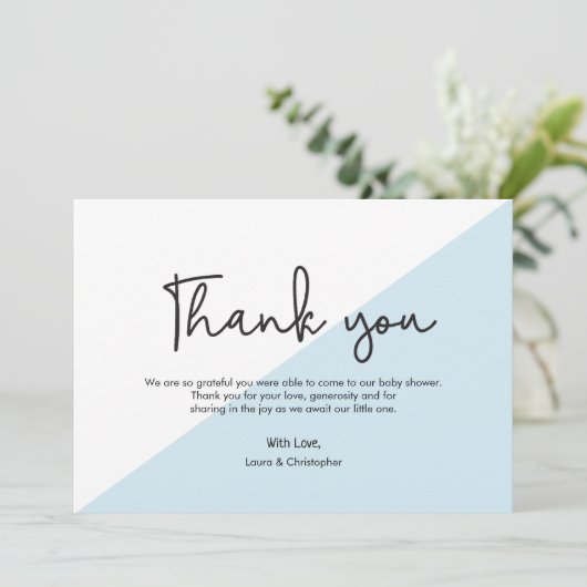 Modern Handlettering Baby shower Blauw bedankt Kaart (Staand voorkant)