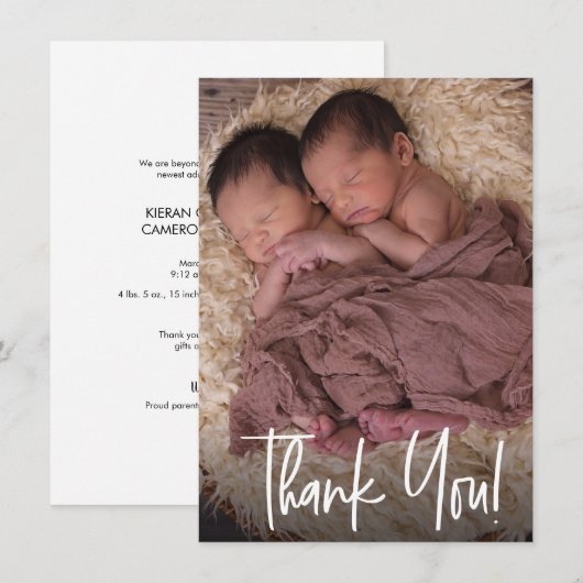 Modern Handlettering Twins Foto Baby shower Bedankkaart (Voorkant / Achterkant)