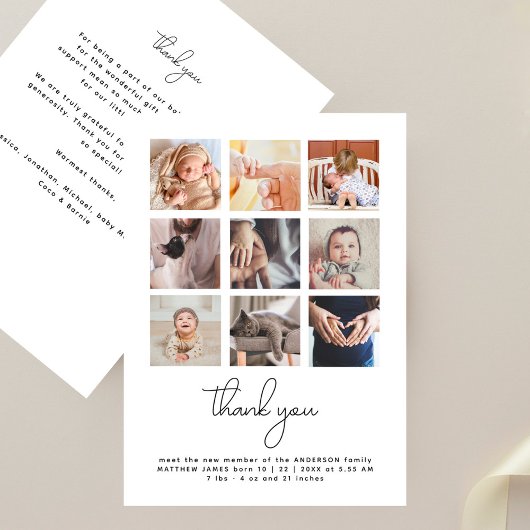 Modern handschrift 9 Foto Baby shower Dank u Bedankkaart