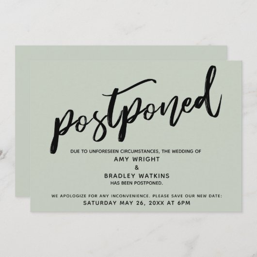 Modern handschrift bruiloft uitgesteld salie Kaart (Voorkant / Achterkant)