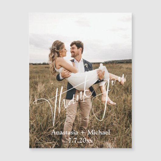 Modern handschrift Dank u foto bruiloft magneet (Voorkant)